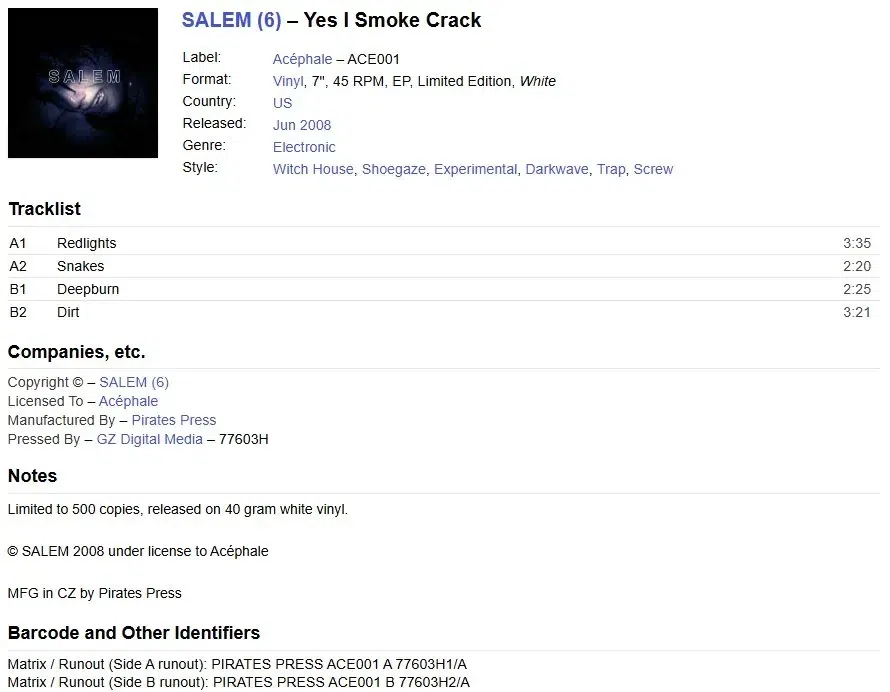 SALEM Yes I Smoke Crack 7" Vinyl White detail image 5